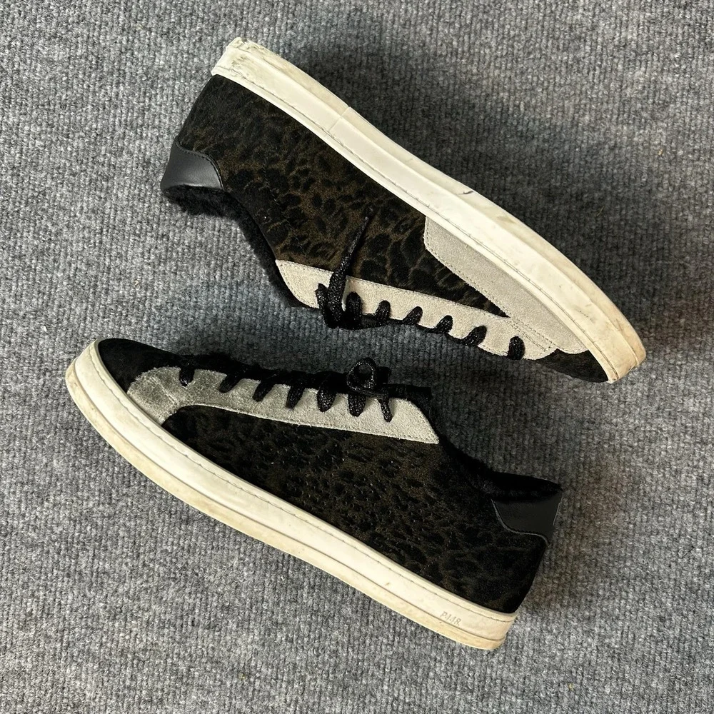 P448 Shoes Mens Size 8 Black Animal Print Faux Fur Lined Lace Up Sneakers EU 41